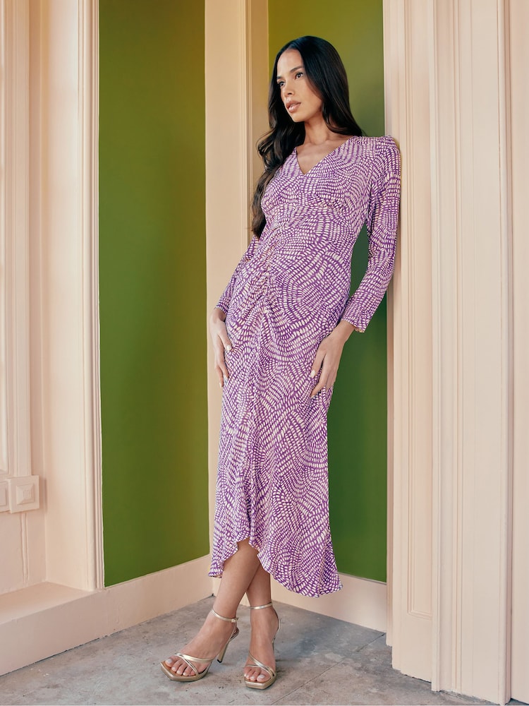 Ro&Zo Purple Geo Print Ruched Front Midi Dress - Image 1 of 7