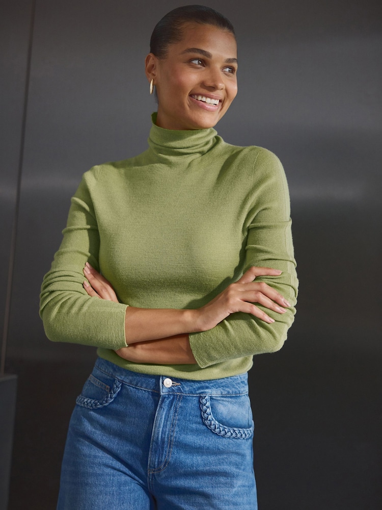 أخضر زيتوني - 100% Merino Wool Premium High Roll Neck Knitted Jumper - صورة 1 من 7