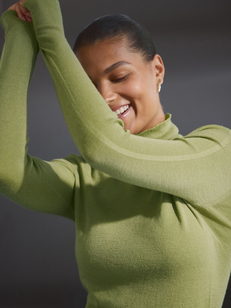 Green Olive 100% Merino Wool Premium High Roll Neck Knitted Jumper - Image 4 of 7