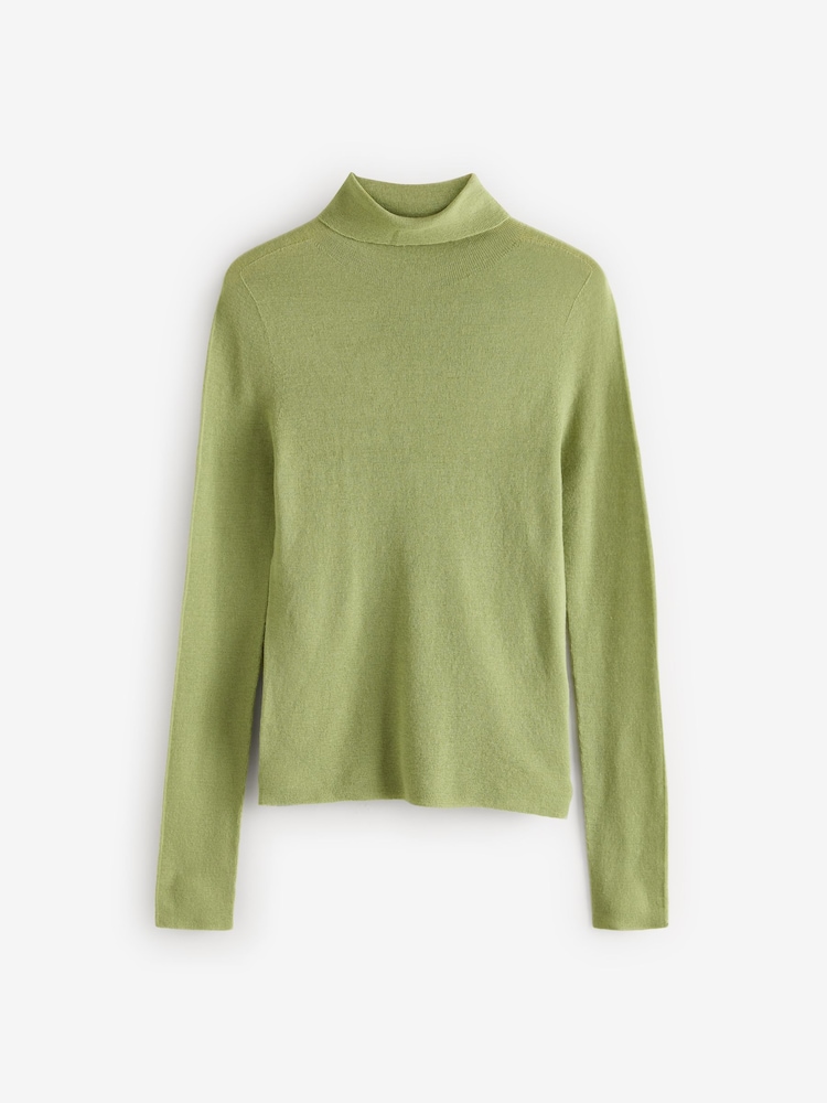 Green Olive 100% Merino Wool Premium High Roll Neck Knitted Jumper - Image 5 of 7