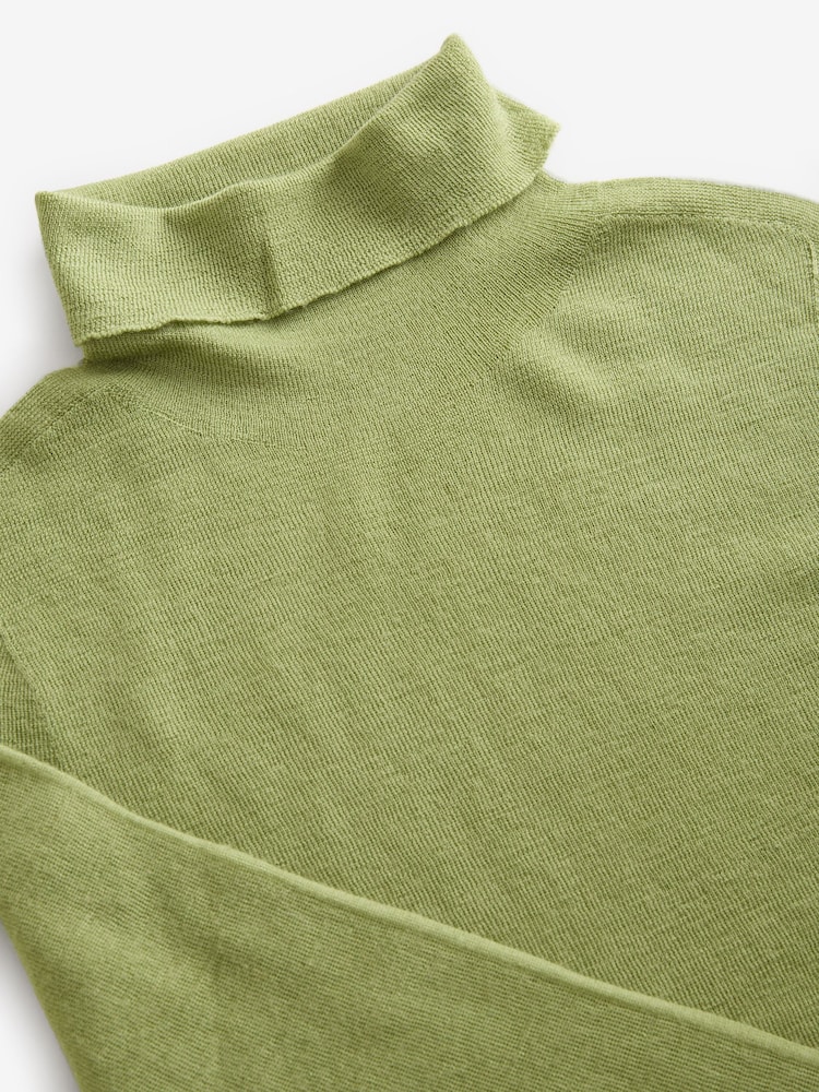 Green Olive 100% Merino Wool Premium High Roll Neck Knitted Jumper - Image 6 of 7