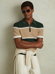 Reiss Forest Green/Light Camel Alton Knitted Zig-Zag Half-Zip Polo Shirt - Image 1 of 6