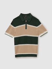 Reiss Forest Green/Light Camel Alton Knitted Zig-Zag Half-Zip Polo Shirt - Image 2 of 6