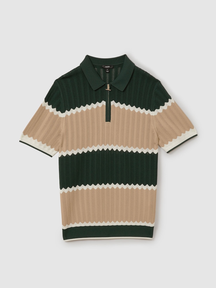 Reiss Forest Green/Light Camel Alton Knitted Zig-Zag Half-Zip Polo Shirt - Image 2 of 6