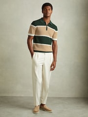 Reiss Forest Green/Light Camel Alton Knitted Zig-Zag Half-Zip Polo Shirt - Image 3 of 6