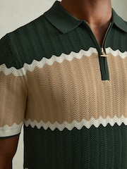 Reiss Forest Green/Light Camel Alton Knitted Zig-Zag Half-Zip Polo Shirt - Image 4 of 6