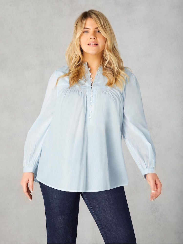 Live Unlimited Blue Curve Cotton Button Front Relaxed Blouse - Image 1 of 4