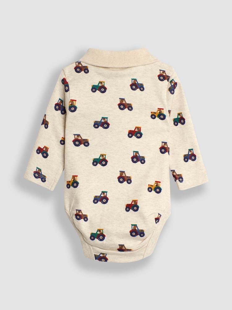 JoJo Maman Bébé Natural Tractor Print Polo Shirt Body - Image 2 of 3