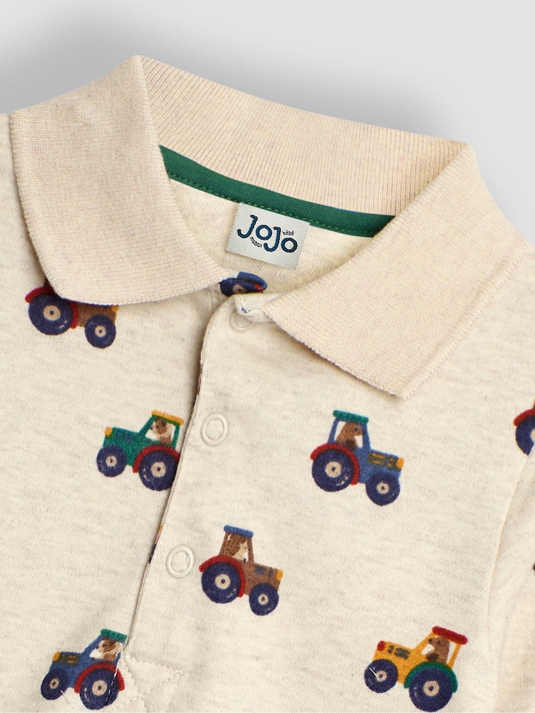 JoJo Maman Bébé Natural Tractor Print Polo Shirt Body - Image 3 of 3