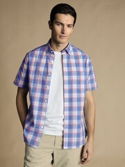 Charles Tyrwhitt Pink Check Cf Short Sleeve Noniron Stretch Poplin Slub 100% Cotton Shirt - Image 2 of 5