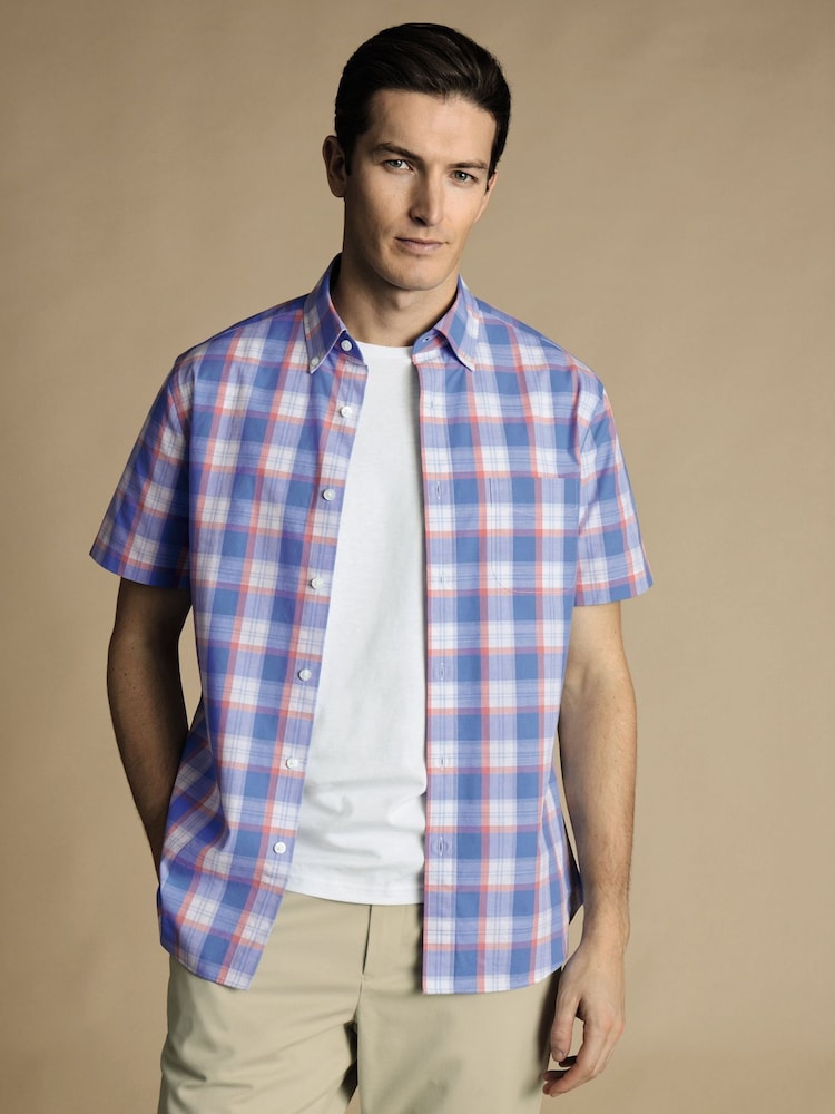 Charles Tyrwhitt Pink Check Cf Short Sleeve Noniron Stretch Poplin Slub 100% Cotton Shirt - Image 2 of 5