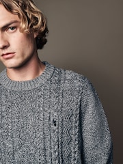 Charcoal Grey Regular Fit Cotton Rich Cable Knit Crew Stag Embroidery Jumper - Image 1 of 7