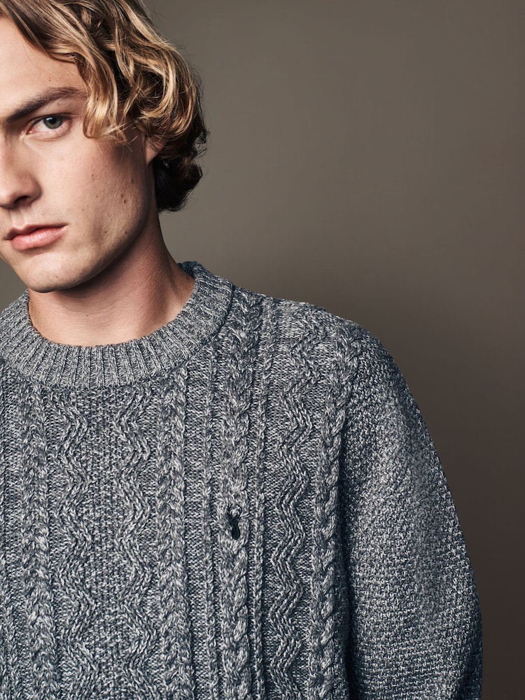 Charcoal Grey Regular Fit Cotton Rich Cable Knit Crew Stag Embroidery Jumper - Image 1 of 7