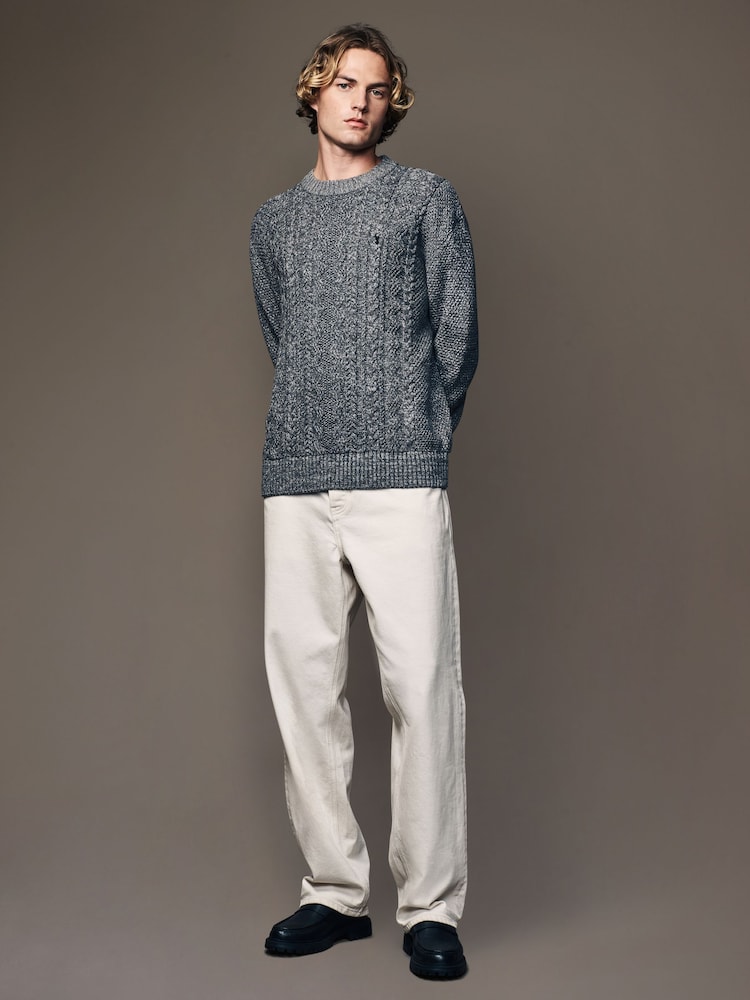 Charcoal Grey Regular Fit Cotton Rich Cable Knit Crew Stag Embroidery Jumper - Image 2 of 7