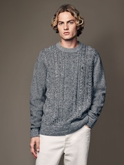 Charcoal Grey Regular Fit Cotton Rich Cable Knit Crew Stag Embroidery Jumper - Image 4 of 7