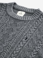 Charcoal Grey Regular Fit Cotton Rich Cable Knit Crew Stag Embroidery Jumper - Image 6 of 7