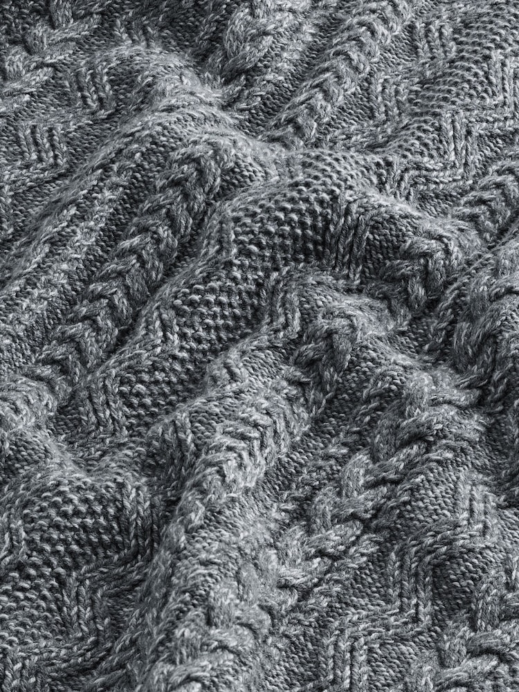 Charcoal Grey Regular Fit Cotton Rich Cable Knit Crew Stag Embroidery Jumper - Image 7 of 7