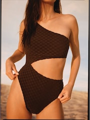 Speedo Black Terry Asymmetrical Cut-Out Swimsuit 1 Piece with UPF50+ Sun Protection - Image 1 of 10