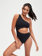 Speedo Black Terry Asymmetrical Cut-Out Swimsuit 1 Piece with UPF50+ Sun Protection - Image 2 of 10