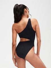 Speedo Black Terry Asymmetrical Cut-Out Swimsuit 1 Piece with UPF50+ Sun Protection - Image 3 of 10