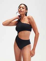 Speedo Black Terry Asymmetrical Cut-Out Swimsuit 1 Piece with UPF50+ Sun Protection - Image 4 of 10