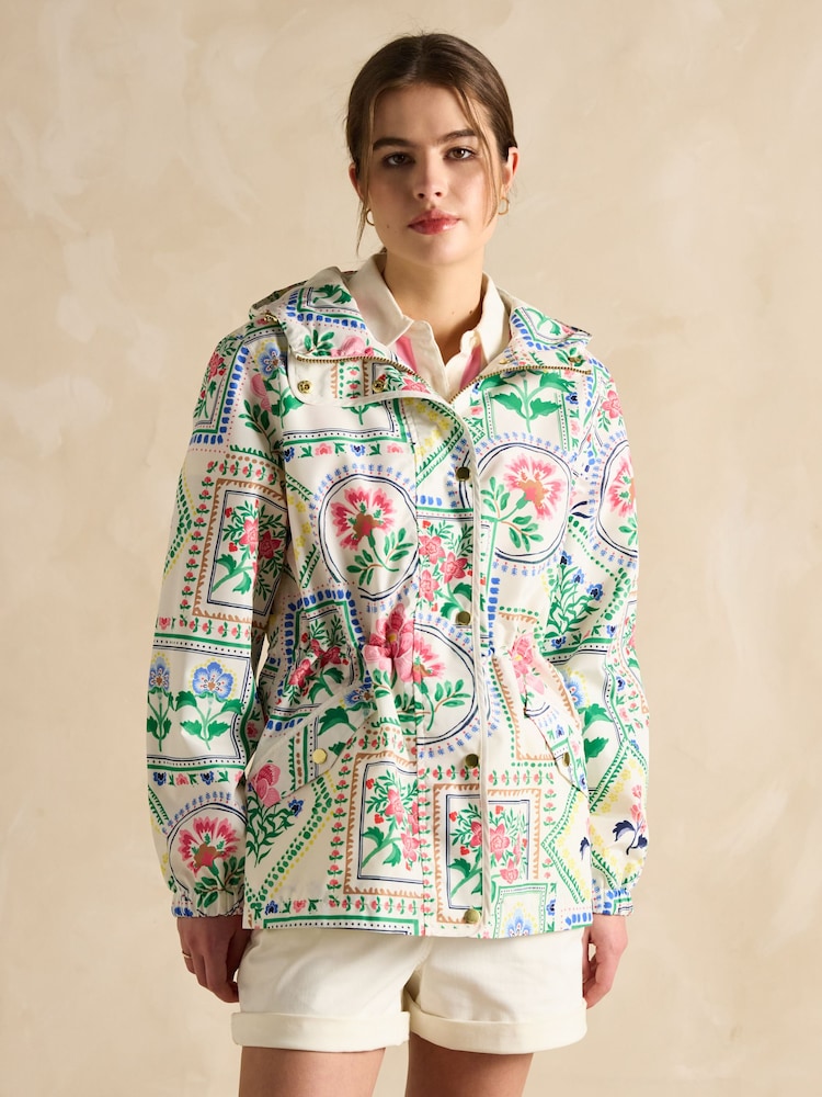 Joules Holt Cream Tile Print Waterproof Packable Raincoat with Hood - Image 3 of 12