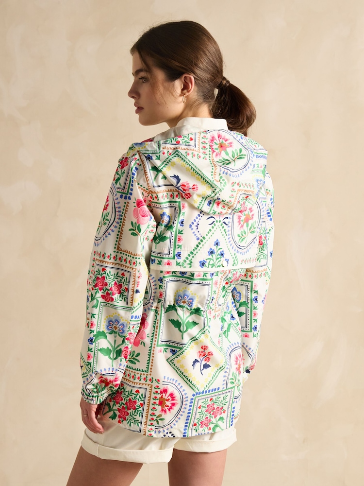 Joules Holt Cream Tile Print Waterproof Packable Raincoat with Hood - Image 4 of 12