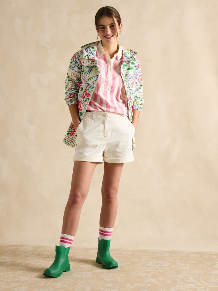 Joules Holt Cream Tile Print Waterproof Packable Raincoat with Hood - Image 5 of 12