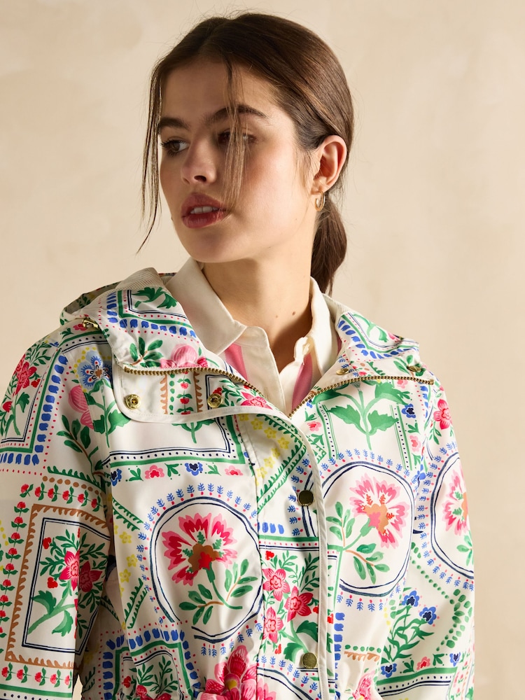 Joules Holt Cream Tile Print Waterproof Packable Raincoat with Hood - Image 6 of 12