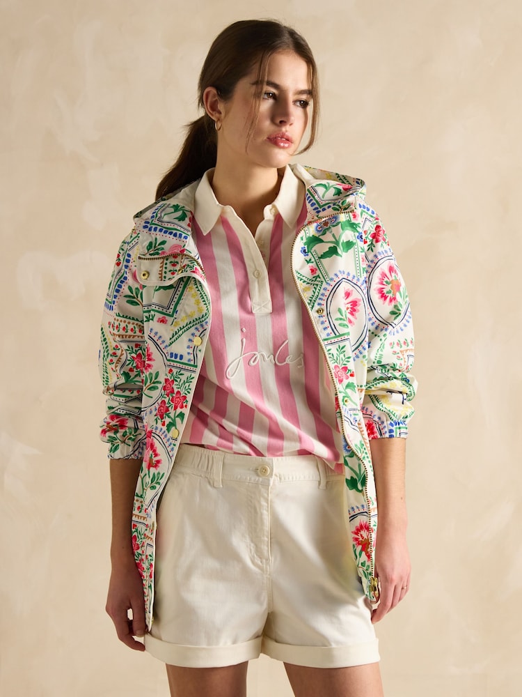 Joules Holt Cream Tile Print Waterproof Packable Raincoat with Hood - Image 8 of 12