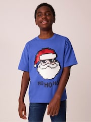 Cobalt Blue Santa Sequin Short Sleeve Christmas 100% Cotton T-Shirt (3-16yrs) - Image 1 of 9