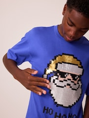 Cobalt Blue Santa Sequin Short Sleeve Christmas 100% Cotton T-Shirt (3-16yrs) - Image 3 of 9