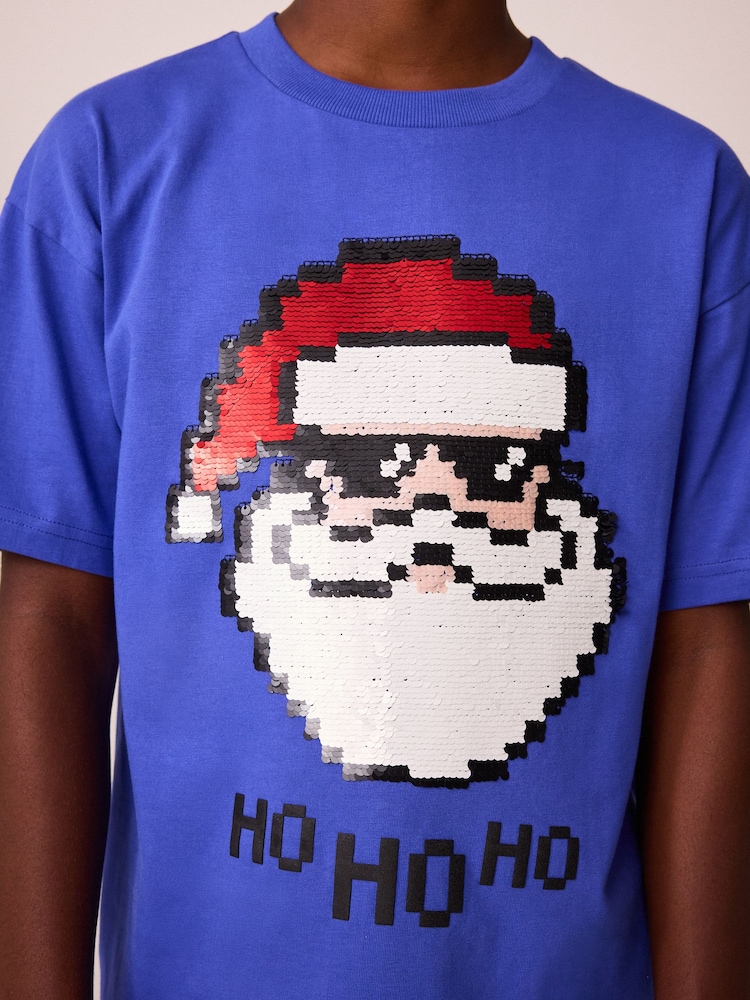 Cobalt Blue Santa Sequin Short Sleeve Christmas 100% Cotton T-Shirt (3-16yrs) - Image 4 of 9