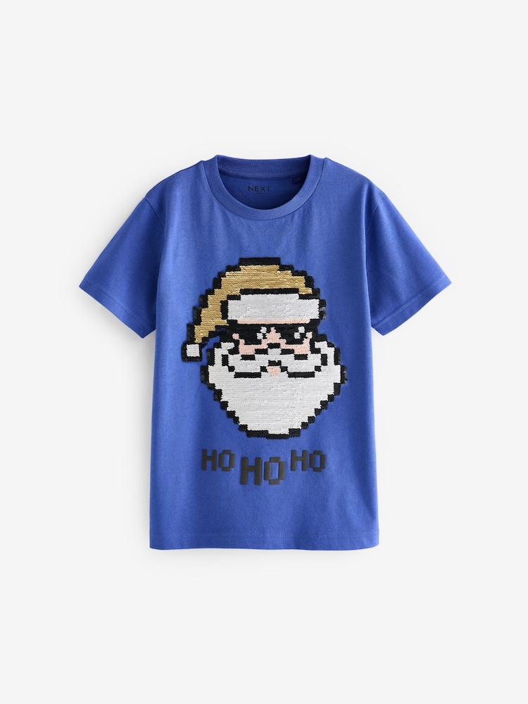 Cobalt Blue Santa Sequin Short Sleeve Christmas 100% Cotton T-Shirt (3-16yrs) - Image 6 of 9