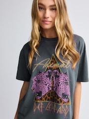 Charcoal Grey Longline Animal Print Def Leppard Band Graphic 100% Cotton T-Shirt - Image 2 of 6