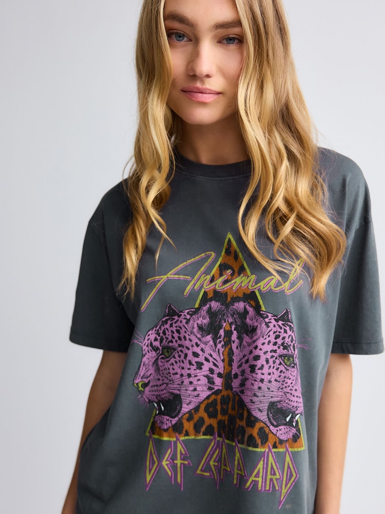 Charcoal Grey Longline Animal Print Def Leppard Band Graphic 100% Cotton T-Shirt - Image 2 of 6