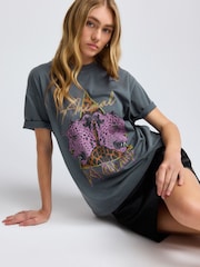 Charcoal Grey Longline Animal Print Def Leppard Band Graphic 100% Cotton T-Shirt - Image 4 of 6