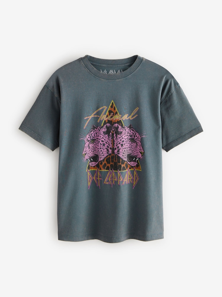 Gris de charbon de bois - Longline Imprimé animal Def Leppard Band Graphic 100% Cotton T-shirt - Image 5 of 6