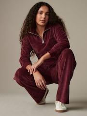 Burgundy Red Velvet Soft Touch Jersey Quarter Zip Co-Ord Sweatshirt - Image 1 of 8
