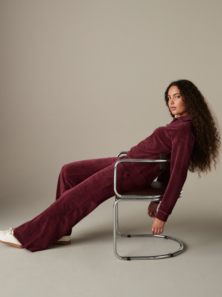 Burgundy Red Velvet Soft Touch Jersey Quarter Zip Co-Ord Sweatshirt - Image 2 of 8