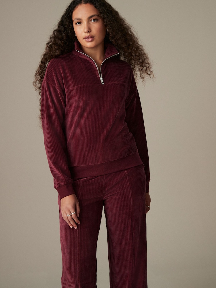 Burgundy Red Velvet Soft Touch Jersey Quarter Zip Co-Ord Sweatshirt - Image 3 of 8