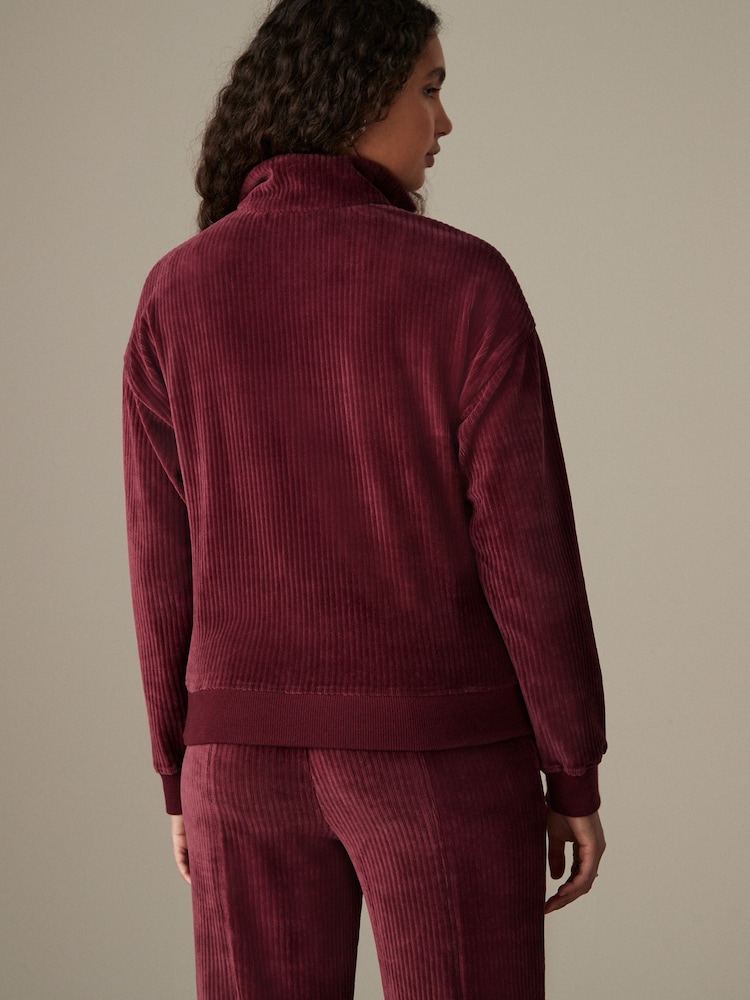 Burgundy Red Velvet Soft Touch Jersey Quarter Zip Co-Ord Sweatshirt - Image 4 of 8