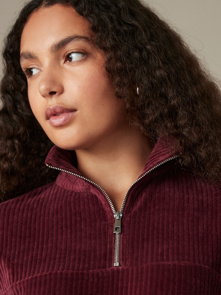 Burgundy Red Velvet Soft Touch Jersey Quarter Zip Co-Ord Sweatshirt - Image 5 of 8