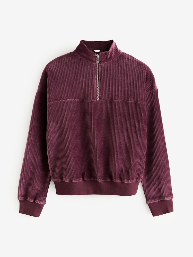 Burgundy Red Velvet Soft Touch Jersey Quarter Zip Co-Ord Sweatshirt - Image 6 of 8
