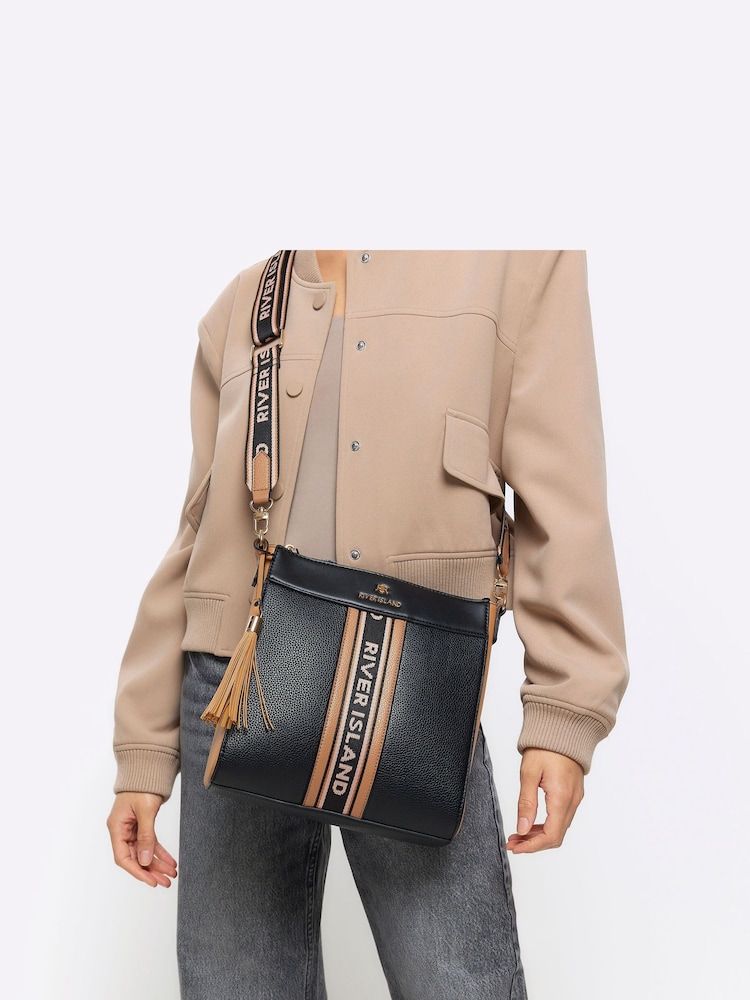 River Island Black Webbing Front Messenger Crossbody Bag - Image 1 of 5