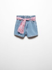 Mango Blue 100% Cotton Paperbag Shorts With Belt - Image 2 of 4