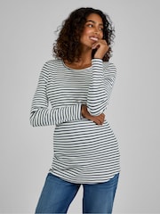 JoJo Maman Bébé Ecru Cream & Black Stripe Ribbed Jersey Maternity & Nursing Top - Image 1 of 4