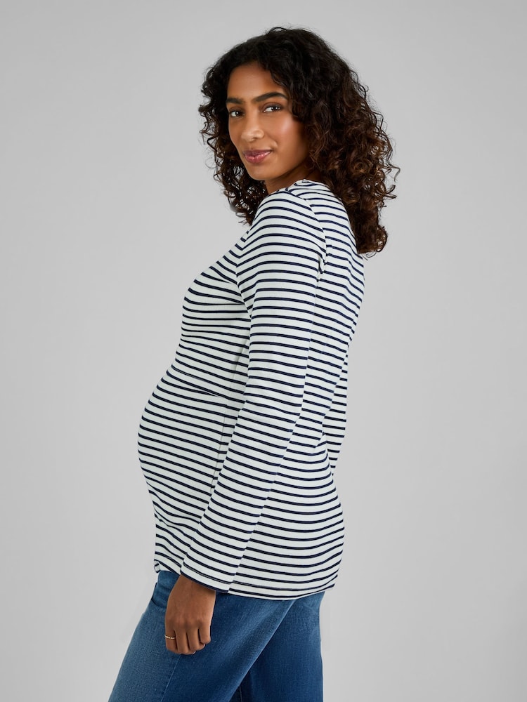 JoJo Maman Bébé Ecru Cream & Black Stripe Ribbed Jersey Maternity & Nursing Top - Image 2 of 4
