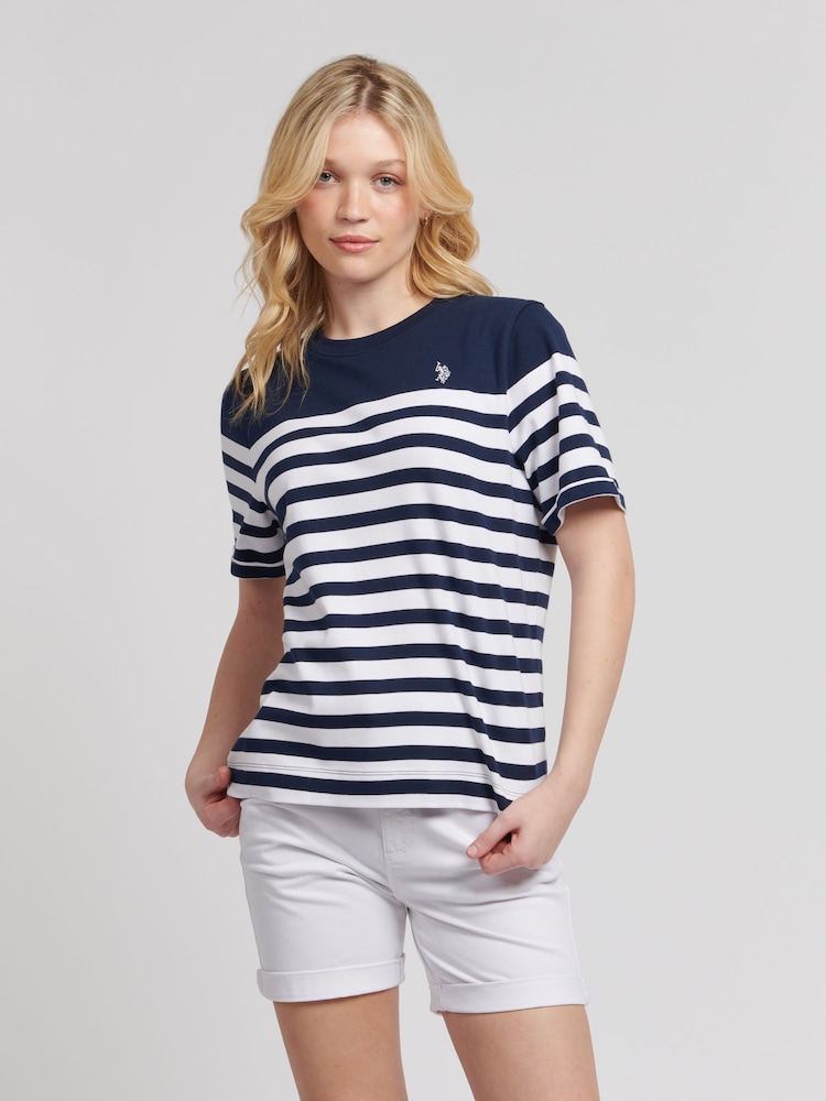 U.S. Polo Assn. Blue Womens Regular Fit Stripe 100% Cotton T-Shirt - Image 1 of 8