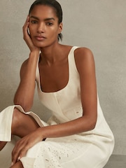 Reiss Ivory Clarice Petite Linen Broderie Midi Dress - Image 1 of 6